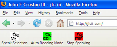 Buttons for CLiCk Speak Firefox extension. First on left is “Speak Selection”, the middle button is “Auto Reading Mode”,and the right is “Stop Speaking”.